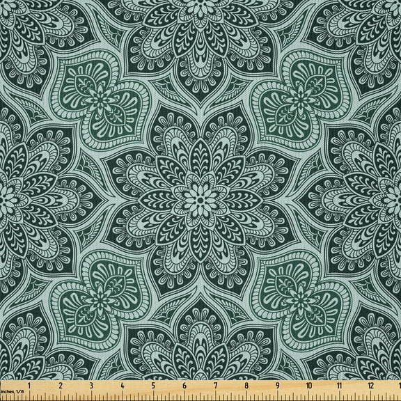 Ambesonne Ethnic Fabric by the Yard Microfiber, Folkloric Floral, 10 Yards, Forest Green Seafoam