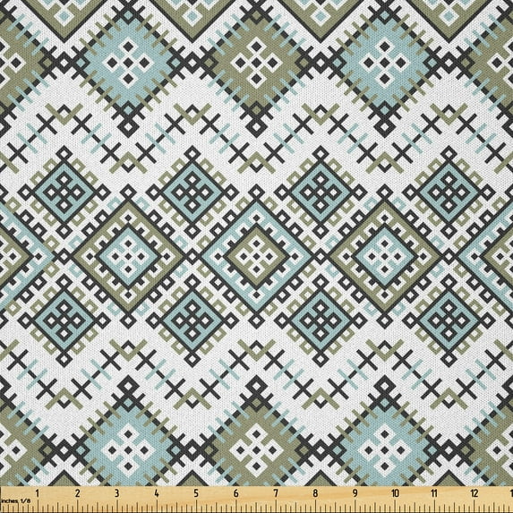 Ambesonne Ethnic Fabric by the Yard Microfiber, Geometric Art, 3 Yards, Sage Green Seafoam