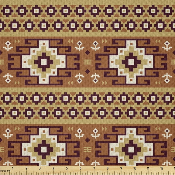 Ambesonne Ethnic Fabric by the Yard Microfiber, Geometric Mexican Ornament, 2 Yards, Cinnamon and Dark Mustard
