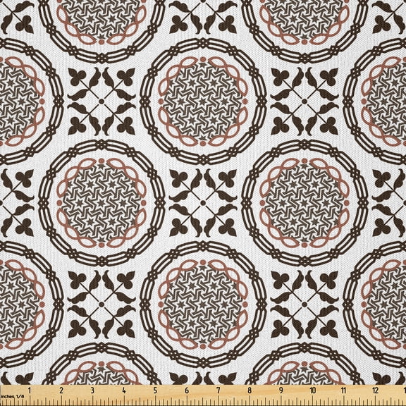 Ambesonne Ethnic Fabric by the Yard Microfiber, Geometric and Orient Motifs, 1 Yard, White Redwood Brown