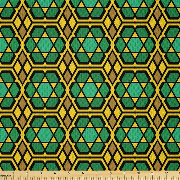 Ambesonne Ethnic Fabric by the Yard Microfiber, Hexagon Star Shapes Pattern, 3 Yards, Orange Forest Green