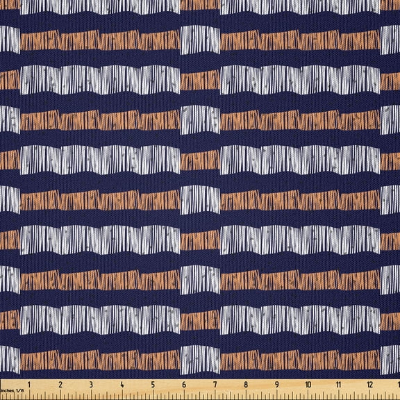 Ambesonne Ethnic Fabric by the Yard Microfiber, Horizontal Irregular Stripes, 2 Yards, Indigo Ginger White