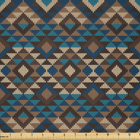 Ambesonne Ethnic Fabric by the Yard Microfiber, Knitted Jacquard, 2 Yards, Brown and Dark Blue