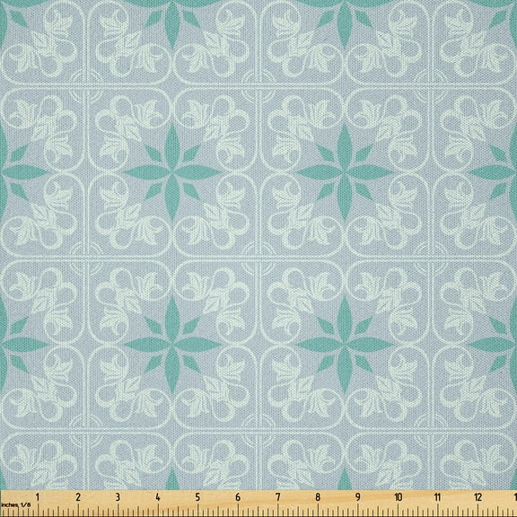 Ambesonne Ethnic Fabric by the Yard Microfiber, Leafy Motifs in Soft Tones, 2 Yards, Pale Grey Sea Green