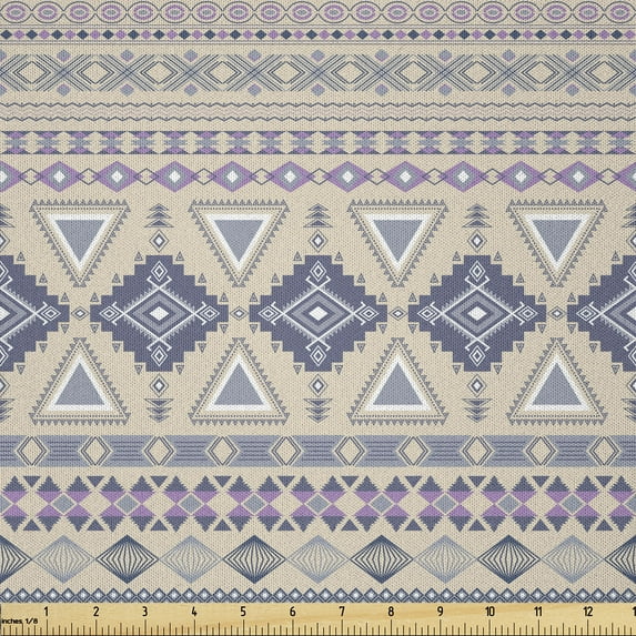 Ambesonne Ethnic Fabric by the Yard Microfiber, Ornate Motif, 10 Yards, Eggshell and Blue