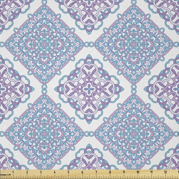 Ambesonne Ethnic Fabric by the Yard Microfiber, Repeating Colorful Mandalas, 2 Yards, Soft Pink and Pale Sky Blue