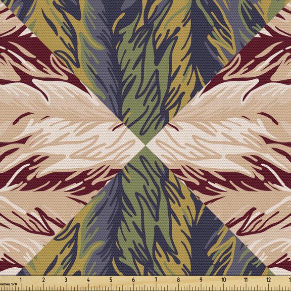 Ambesonne Ethnic Fabric by the Yard, Psychedelic Tribal Abstract, 1 Yard, Eggshell Maroon and Indigo