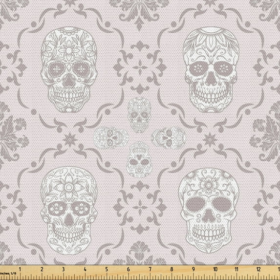 Ambesonne Ethnic Fabric by the Yard Upholstery, Traditional Pattern Floral, 5 Yards, Pale Eggshell Dimgray