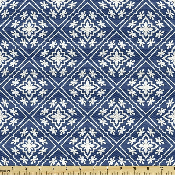 Ambesonne Ethnic Fabric by the Yard Upholstery, Classical Talavera Design, 2 Yards, Dark Sky Blue and White