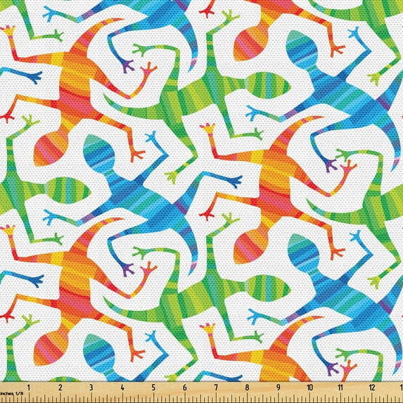 Ambesonne Ethnic Fabric by the Yard Upholstery, Colorful Lizard Silhouettes, 5 Yards, Lime Green and Multicolor