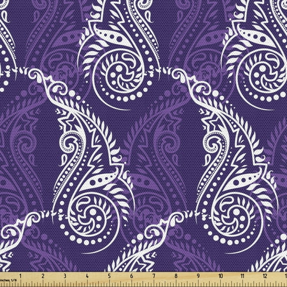 Ambesonne Ethnic Fabric by the Yard Upholstery, Detailed Paisley Motifs, 1 Yard, Dark Purple Violet
