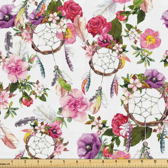 Ambesonne Ethnic Fabric by the Yard Upholstery, Dream Catchers Floral Retro, 2 Yards, Soft Pink and Pale Purple