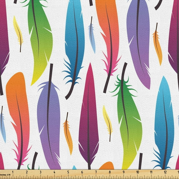 Ambesonne Ethnic Fabric by the Yard Upholstery, Feathers Multicolored Plot, 2 Yards, Sea Blue Salmon and Green