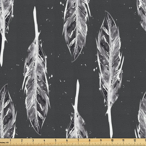 Ambesonne Ethnic Fabric by the Yard Upholstery, Feathers Watercolor Plot, 2 Yards, Charcoal Grey and White