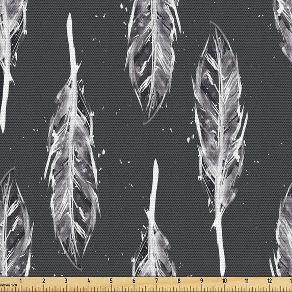 Ambesonne Ethnic Fabric by the Yard Upholstery, Feathers Watercolor Plot, 3 Yards, Charcoal Grey and White