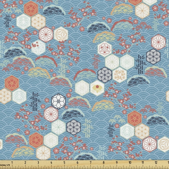 Ambesonne Ethnic Fabric by the Yard Upholstery, Floral Hexagons Half Circles, 5 Yards, Blue and Multicolor