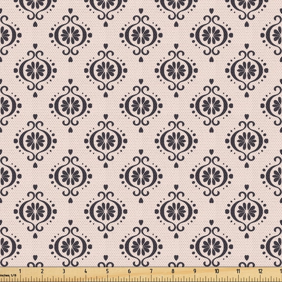 Ambesonne Ethnic Fabric by the Yard Upholstery, Flowers Stripes Dots Pattern, 1 Yard, Blush Dark Grey