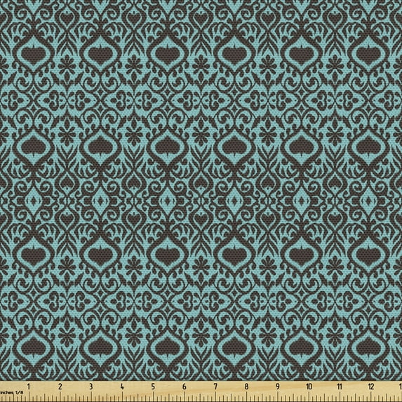 Ambesonne Ethnic Fabric by the Yard Upholstery, Folk Bohemian Damask Motif, 3 Yards, Dark Turquoise and Dark Brown