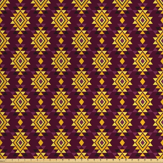 Ambesonne Ethnic Fabric by the Yard Upholstery, Folk Culture Geometric Art, 5 Yards, Maroon and Earth Yellow