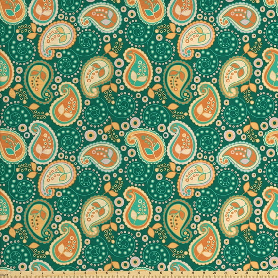 Ambesonne Ethnic Fabric by the Yard Upholstery, Folkloric Paisley Flowers, 2 Yards, Apricot Hunter Green
