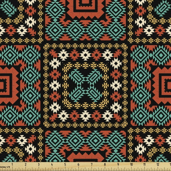 Ambesonne Ethnic Fabric by the Yard Upholstery, Geometric Aztec Ornaments, 2 Yards, Multicolor