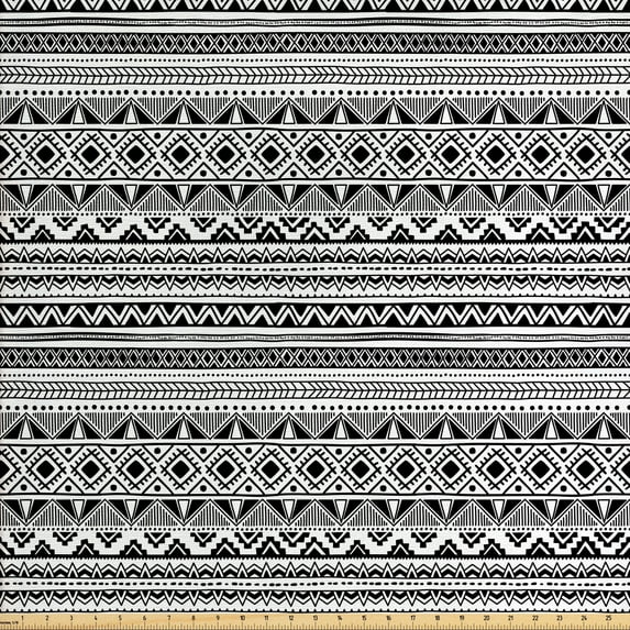 Ambesonne Ethnic Fabric by the Yard Upholstery, Geometric Black White, 3 Yards, Black White