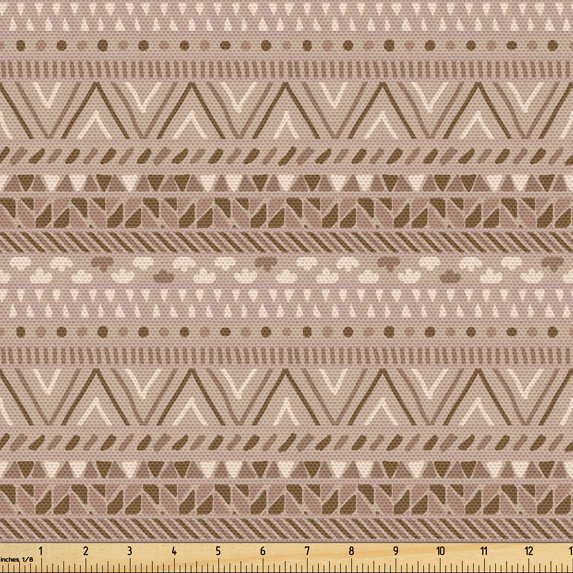 Ambesonne Ethnic Fabric by the Yard Upholstery, Hand-Drawn Triangles Zigzags, 3 Yards, Pale Sepia Umber Fawn