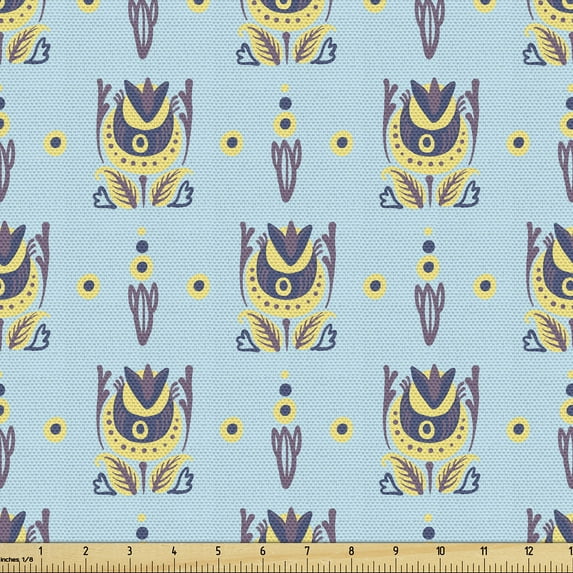 Ambesonne Ethnic Fabric by the Yard Upholstery, Hohloma Floral Motifs Art, 10 Yards, Pale Blue Pastel Yellow