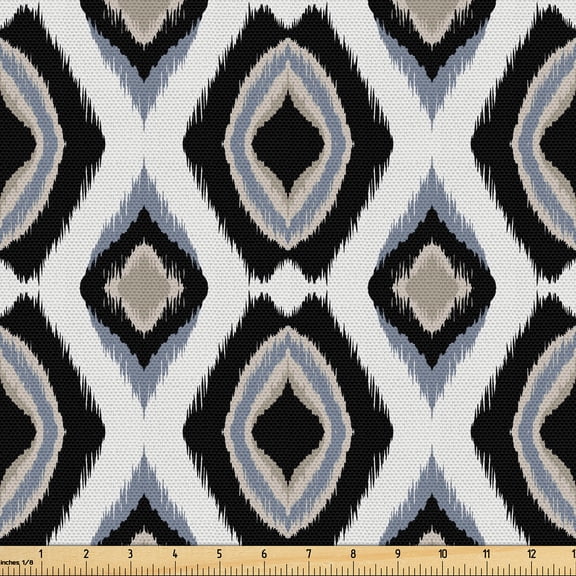 Ambesonne Ethnic Fabric by the Yard Upholstery, Ikat Geometric Shapes Print, 1 Yard, Purpleblue and Charcoal Grey