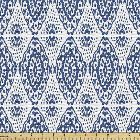 Ambesonne Ethnic Fabric by the Yard Upholstery, Ikat Shibori Bohemian, 1 Yard, Navy Blue and White