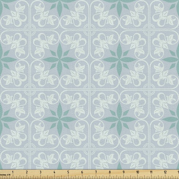 Ambesonne Ethnic Fabric by the Yard Upholstery, Leafy Motifs in Soft Tones, 1 Yard, Pale Grey Sea Green
