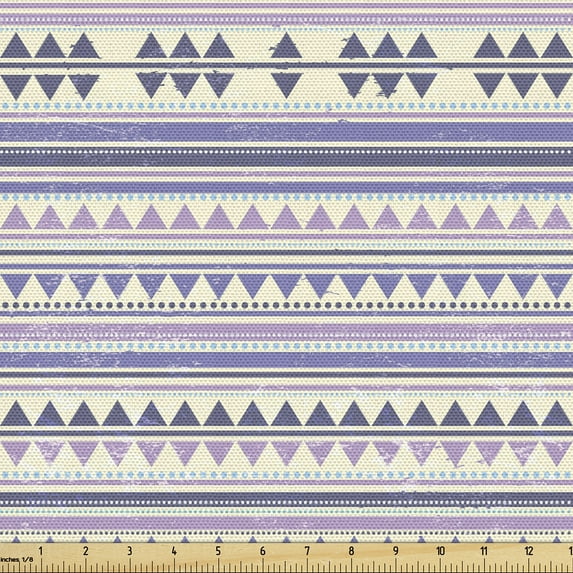 Ambesonne Ethnic Fabric by the Yard Upholstery, Lines Triangles Dots Art, 5 Yards, Ceil Blue Pale Yellow