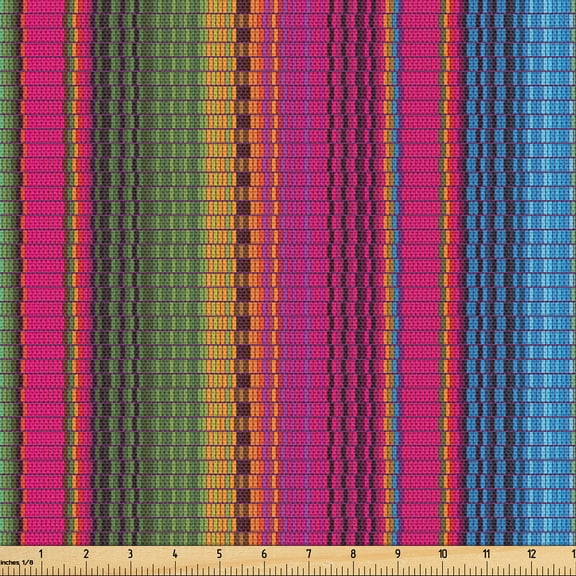 Ambesonne Ethnic Fabric by the Yard Upholstery, Minimalist Colorful Ornament, 1 Yard, Magenta Green and Blue