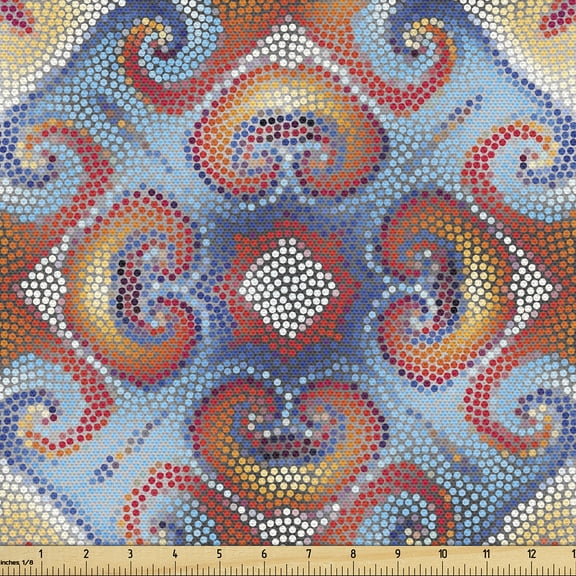 Ambesonne Ethnic Fabric by the Yard Upholstery, Multicolored Irregular Dots, 1 Yard, Pale Orange and Cobalt Blue