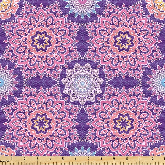 Ambesonne Ethnic Fabric by the Yard Upholstery, Oriental Feminine Flourishes, 1 Yard, Indigo and Multicolor