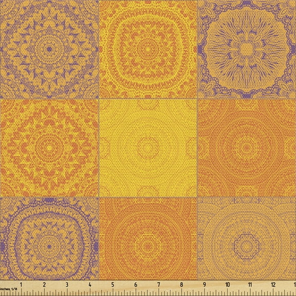 Ambesonne Ethnic Fabric by the Yard Upholstery, Oriental Patchwork Tiles, 1 Yard, Orange Violet