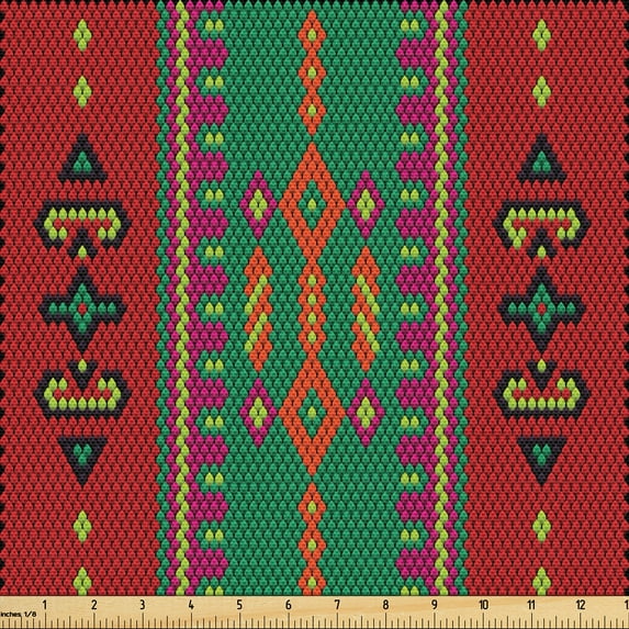 Ambesonne Ethnic Fabric by the Yard Upholstery, Ornament Colorful Lines Art, 1 Yard, Jade Green Ruby Yellow