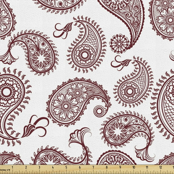 Ambesonne Ethnic Fabric by the Yard Upholstery, Paisley Leaves Illustration, 5 Yards, Burgundy White