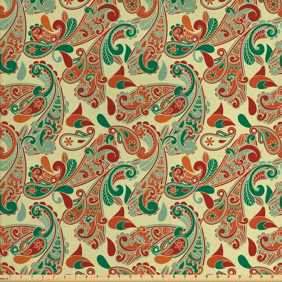 Ambesonne Ethnic Fabric by the Yard Upholstery, Paisley Style Leaves, 2 Yards, Hunter Green Ruby Orange