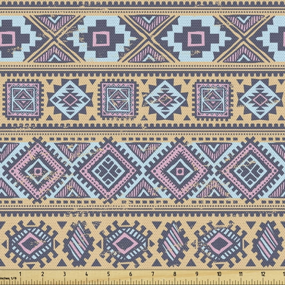 Ambesonne Ethnic Fabric by the Yard Upholstery, Pastel Vintage Geometric Art, 10 Yards, Multicolor