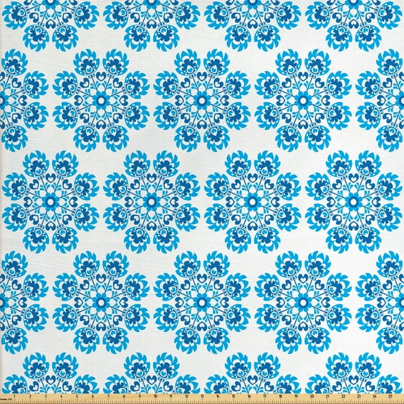 Ambesonne Ethnic Fabric by the Yard Upholstery, Polish Flower Pattern, 3 Yards, Blue and Dark Blue