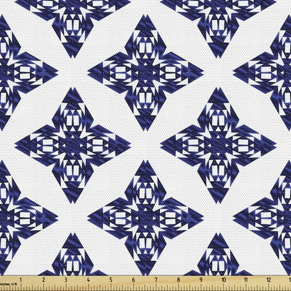 Ambesonne Ethnic Fabric by the Yard Upholstery, Rococo Victorian Star Forms, 3 Yards, Indigo and White