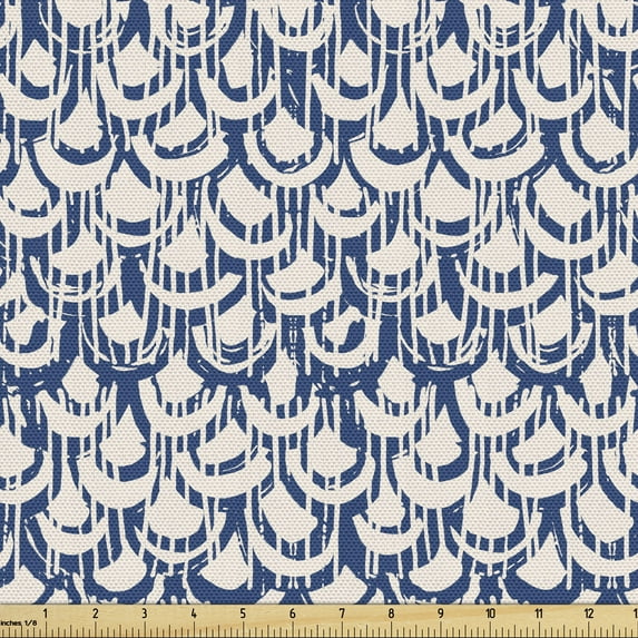 Ambesonne Ethnic Fabric by the Yard Upholstery, Scales Stripes Grunge, 1 Yard, Navy Blue and Cream