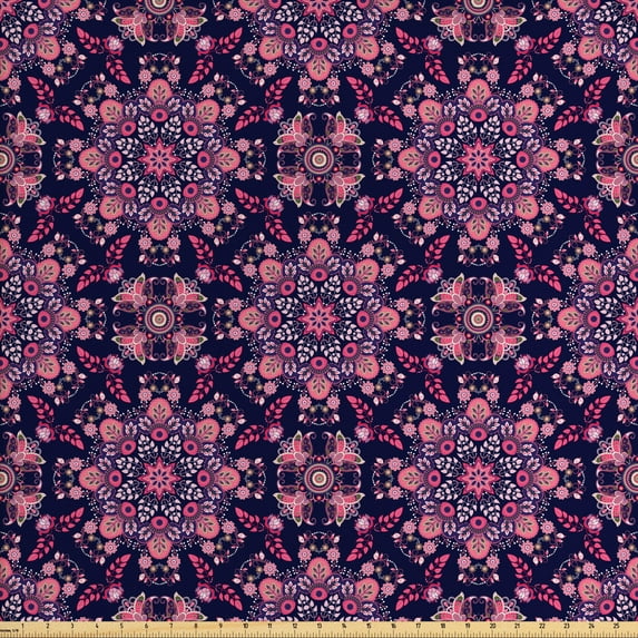 Ambesonne Ethnic Fabric by the Yard Upholstery, Spring Blossoms, 5 Yards, Indigo Pink Pale Pink