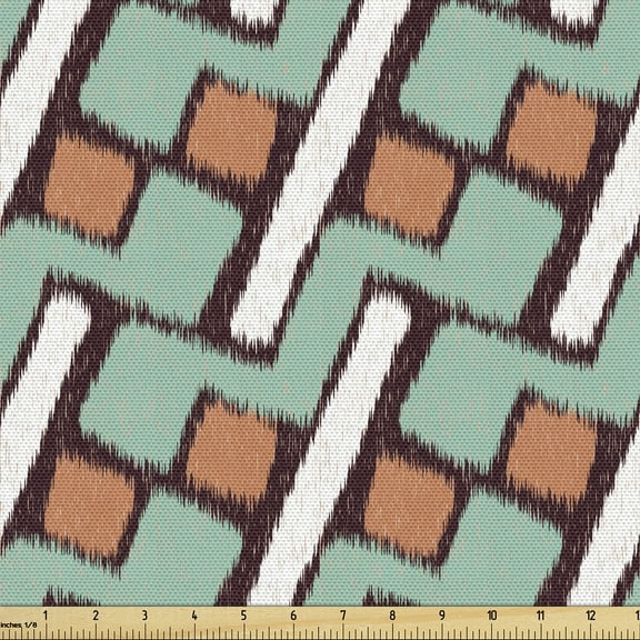 Ambesonne Ethnic Fabric by the Yard Upholstery, Squares Rectangles Ikat Art, 1 Yard, Pale Teal and Dark Peach