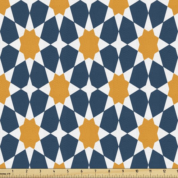 Ambesonne Ethnic Fabric by the Yard Upholstery, Stars Geometric Moroccan Art, 2 Yards, Dark Teal Orange and White