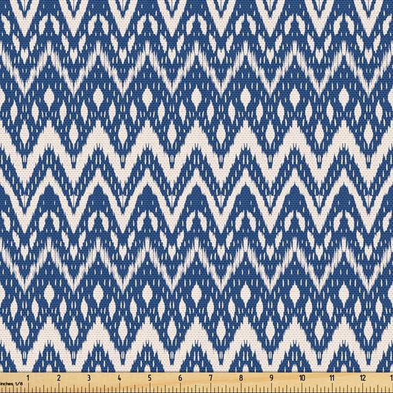 Ambesonne Ethnic Fabric by the Yard Upholstery, Traditional Chevron Print, 1 Yard, Dark Sky Blue Eggshell
