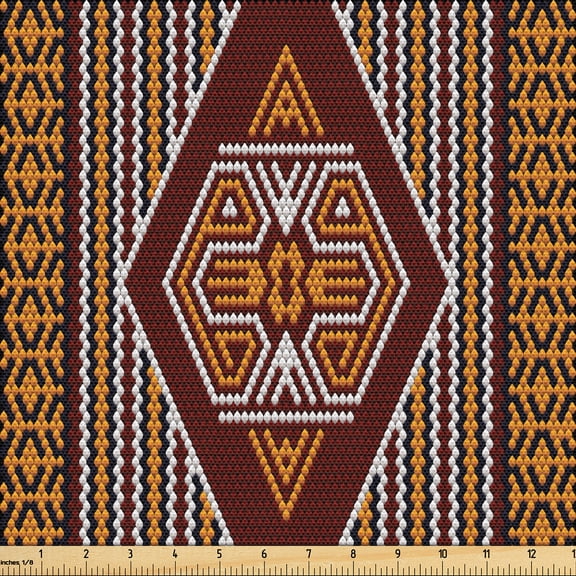 Ambesonne Ethnic Fabric by the Yard Upholstery, Traditional Lines Motifs Art, 1 Yard, Seal Brown and Marigold