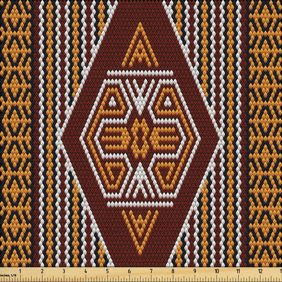 Ambesonne Ethnic Fabric by the Yard Upholstery, Traditional Lines Motifs Art, 3 Yards, Seal Brown and Marigold