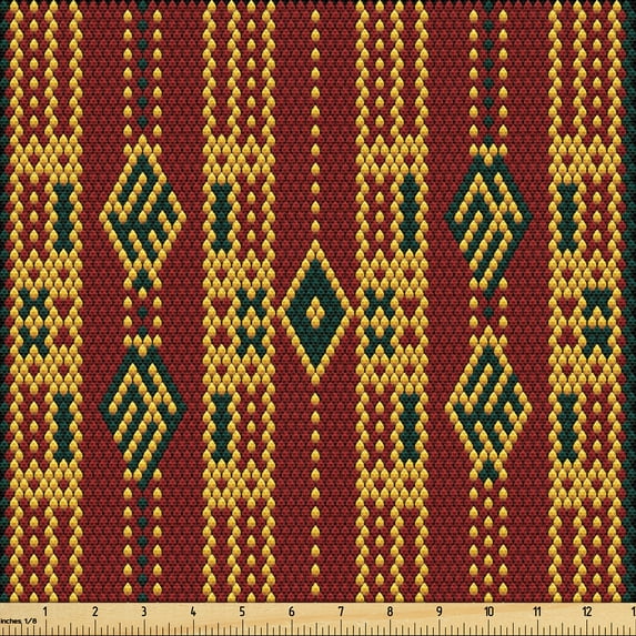 Ambesonne Ethnic Fabric by the Yard Upholstery, Traditional Rhombus Line Art, 1 Yard, Dark Maroon and Earth Yellow